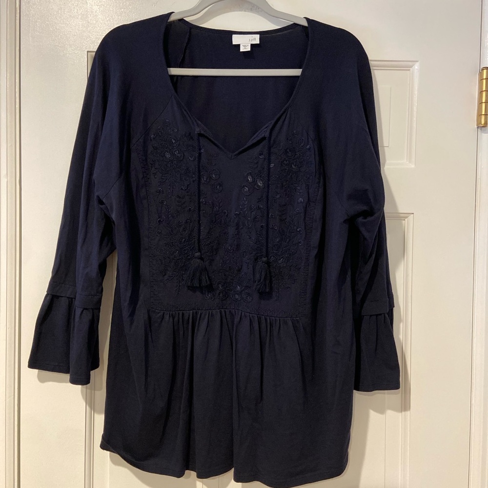 J.Jill Embroidered Peplum Top Tassel Tie Navy XL Petite